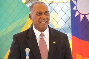 Premier of Nevis Hon. Vance Amory delivers remarks on July 21, 2014, at Long Point at the handing-over ceremony of a refuse disposal truck, a gift from the government and people of the Republic of China (Taiwan)